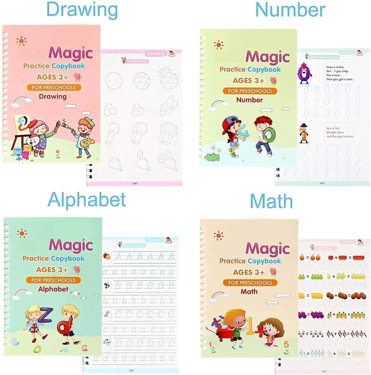 Sank Magic Practice Copybook Set – Reusable Handwriting Learning Book for Kids (4 Books + Pen + Refills)