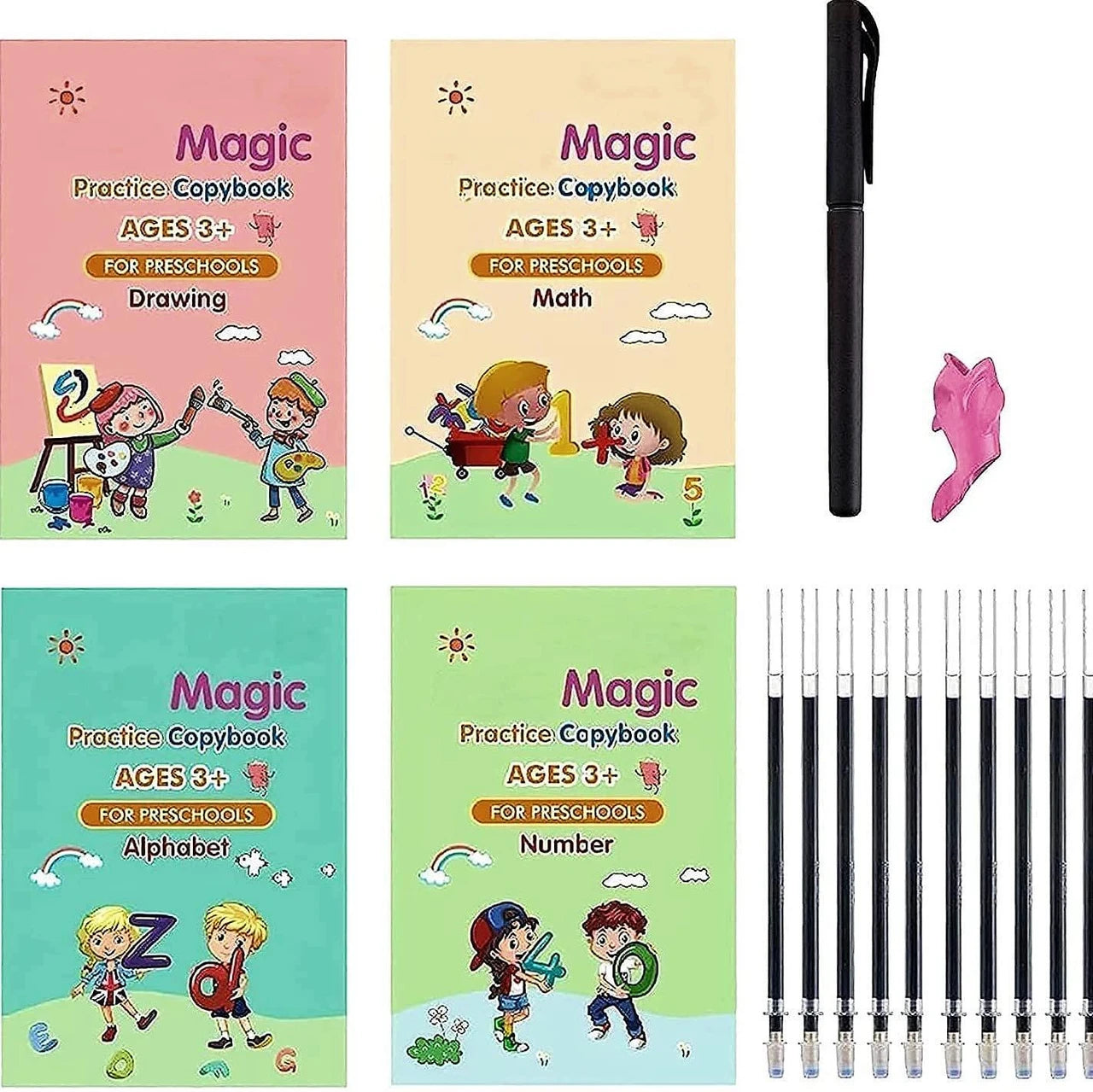 Sank Magic Practice Copybook Set – Reusable Handwriting Learning Book for Kids (4 Books + Pen + Refills)
